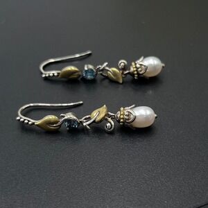 Barbara Bixby Designer Vine & Leaf White Pearl Swiss Blue Topaz Dangle Earrings